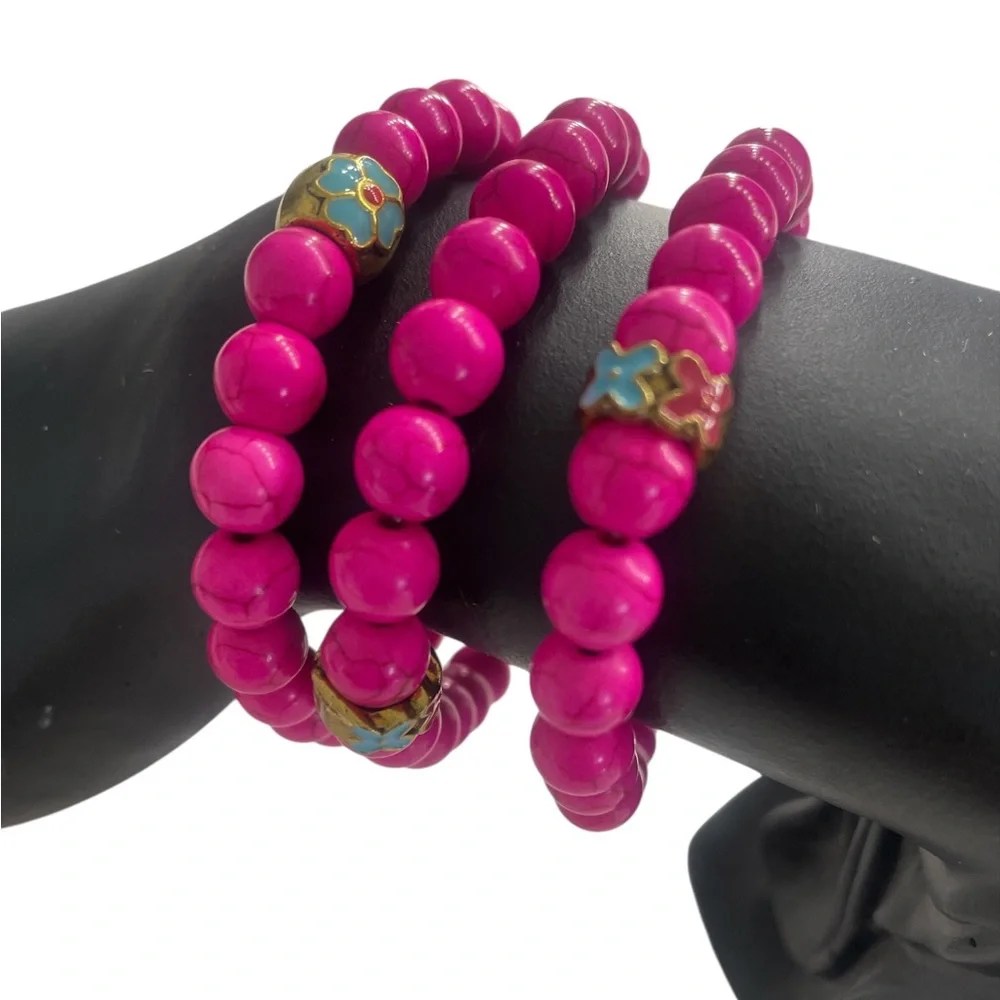 Pink Howlite gemstone bracelet, gold flower center,stretch - Picture 2 of 7